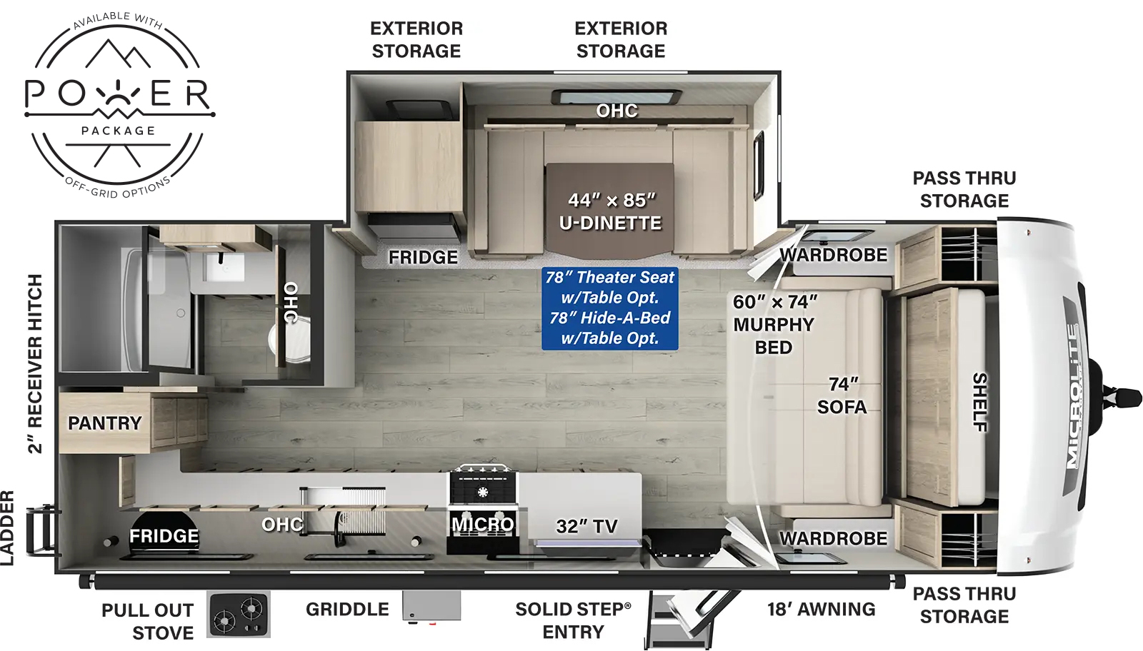 The Flagstaff Micro Lite 25DK floorplan has one entry and one slide out. Exterior features include: fiberglass exterior, 18' awning and outside kitchen. Interiors features include: u-dinette and murphy bed.